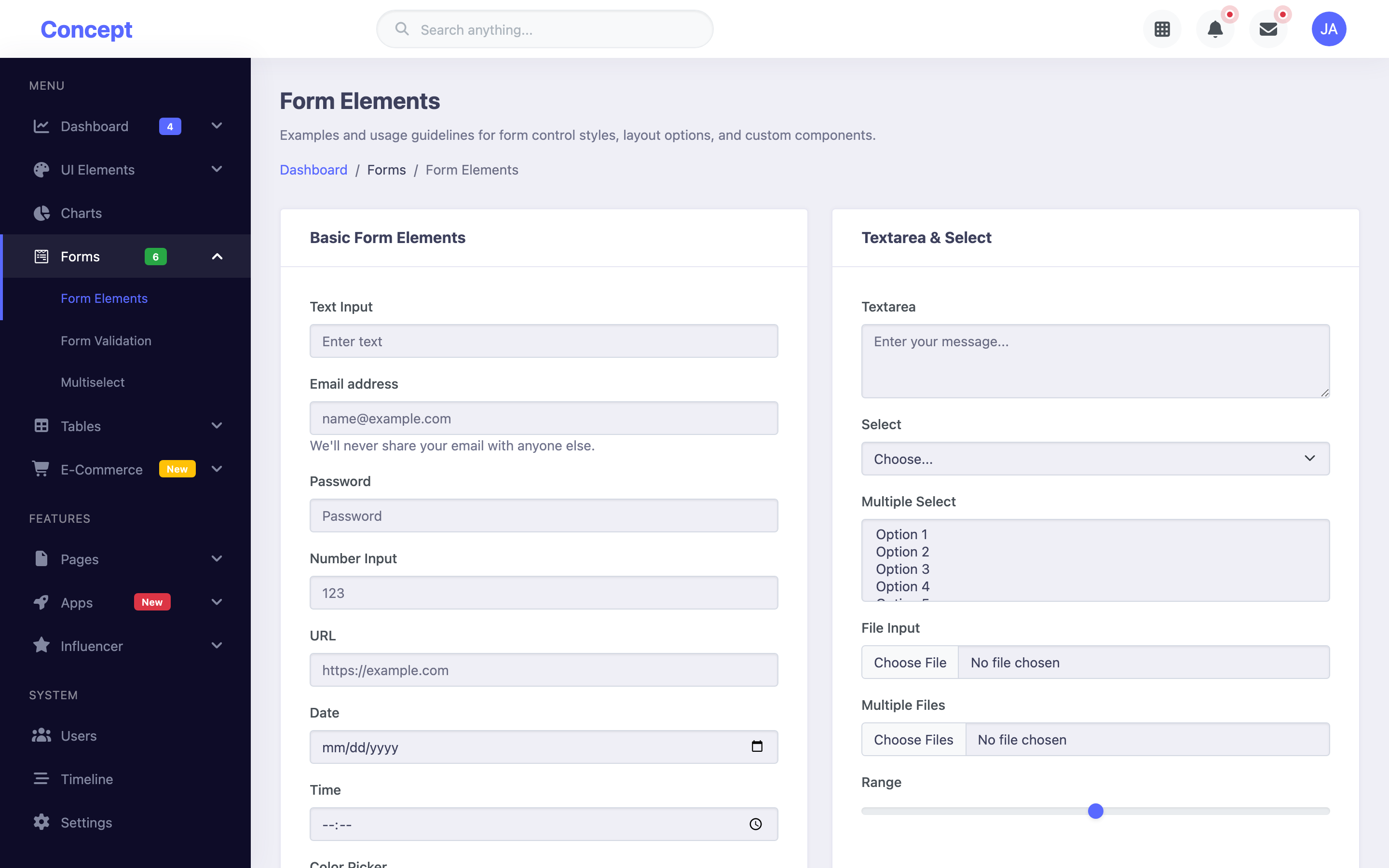 Concept Forms page